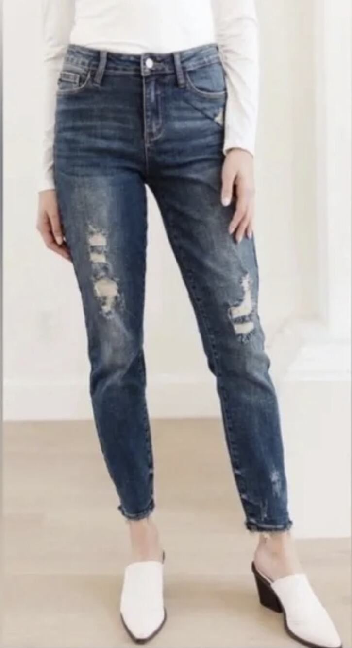 Judy Blue Relaxed Fit Dark Wash Straight Jeans Distressed Mid Rise Size 29